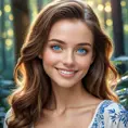 A radiant woman with piercing blue eyes, smiling warmly in a serene forest setting