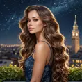 A captivating woman with long, wavy hair, gazing at the stars from a rooftop garden