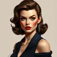 a confident, 1950s-style femme fatale with bold, crimson lips and a sultry gaze