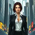 A confident woman in a sleek business suit, standing tall in a bustling cityscape