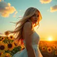 A stunning woman with flowing golden hair, standing in a field of sunflowers at sunset