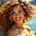 a bright, sun-kissed Mediterranean goddess with luscious, curly hair and a warm, inviting smile