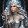 a mystical, moonlit sorceress with an enchanted crystal amulet and flowing silver locks