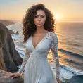 A breathtaking woman with curly dark hair, standing on a cliff overlooking the ocean at sunrise