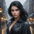 A mysterious and alluring femme fatale with piercing sapphire eyes and raven-black hair, shrouded in smoke and shadows on a rain-soaked city street