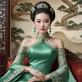 a poised and elegant Chinese empress with an exquisite, hand-beaded cheongsam dress and jade jewelry