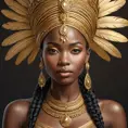 a striking African queen with regal, braided hair and a majestic gold headdress