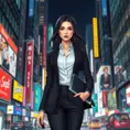 A confident woman in a sleek business suit, standing tall in a bustling cityscape