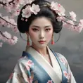 a serene and enigmatic Japanese geisha with intricate Sakura-patterned kimono and porcelain skin