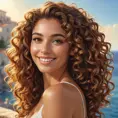 a bright, sun-kissed Mediterranean goddess with luscious, curly hair and a warm, inviting smile