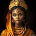 a striking African queen with regal, braided hair and a majestic gold headdress