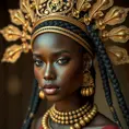 a striking African queen with regal, braided hair and a majestic gold headdress