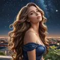 A captivating woman with long, wavy hair, gazing at the stars from a rooftop garden