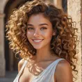 a bright, sun-kissed Mediterranean goddess with luscious, curly hair and a warm, inviting smile