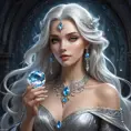 a mystical, moonlit sorceress with an enchanted crystal amulet and flowing silver locks