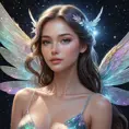 a celestial being with radiant, shimmering skin and delicate iridescent wings, surrounded by stardust