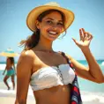 A charming woman with a playful smile, enjoying a sunny day at the beach