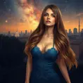 A captivating woman with long, wavy hair, gazing at the stars from a rooftop garden