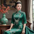 a poised and elegant Chinese empress with an exquisite, hand-beaded cheongsam dress and jade jewelry