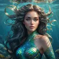 a mystical, dreamlike siren with iridescent scales and flowing locks of kelp, beneath a shimmering ocean surface