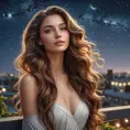 A captivating woman with long, wavy hair, gazing at the stars from a rooftop garden