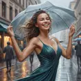 A graceful woman dancing in the rain, her laughter echoing through the city streets