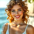 a bright, sun-kissed Mediterranean goddess with luscious, curly hair and a warm, inviting smile