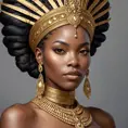 a striking African queen with regal, braided hair and a majestic gold headdress