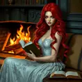 A mesmerizing woman with fiery red hair, sitting by a cozy fireplace with a book