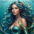 a mystical, dreamlike siren with iridescent scales and flowing locks of kelp, beneath a shimmering ocean surface