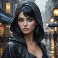 A mysterious and alluring femme fatale with piercing sapphire eyes and raven-black hair, shrouded in smoke and shadows on a rain-soaked city street