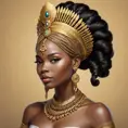 a striking African queen with regal, braided hair and a majestic gold headdress