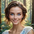 A radiant woman with piercing blue eyes, smiling warmly in a serene forest setting