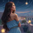 A captivating woman with long, wavy hair, gazing at the stars from a rooftop garden