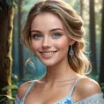 A radiant woman with piercing blue eyes, smiling warmly in a serene forest setting