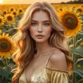 A stunning woman with flowing golden hair, standing in a field of sunflowers at sunset