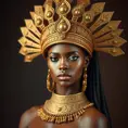 a striking African queen with regal, braided hair and a majestic gold headdress