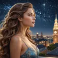 A captivating woman with long, wavy hair, gazing at the stars from a rooftop garden