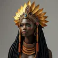 a striking African queen with regal, braided hair and a majestic gold headdress