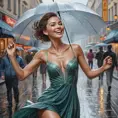 A graceful woman dancing in the rain, her laughter echoing through the city streets