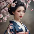 a serene and enigmatic Japanese geisha with intricate Sakura-patterned kimono and porcelain skin