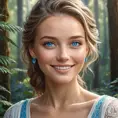 A radiant woman with piercing blue eyes, smiling warmly in a serene forest setting