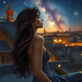 A captivating woman with long, wavy hair, gazing at the stars from a rooftop garden