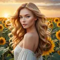 A stunning woman with flowing golden hair, standing in a field of sunflowers at sunset