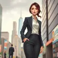 A confident woman in a sleek business suit, standing tall in a bustling cityscape