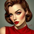 a confident, 1950s-style femme fatale with bold, crimson lips and a sultry gaze