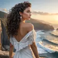 A breathtaking woman with curly dark hair, standing on a cliff overlooking the ocean at sunrise