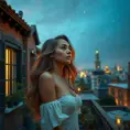 A captivating woman with long, wavy hair, gazing at the stars from a rooftop garden