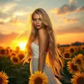 A stunning woman with flowing golden hair, standing in a field of sunflowers at sunset