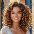 a bright, sun-kissed Mediterranean goddess with luscious, curly hair and a warm, inviting smile